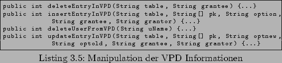 \begin{lstlisting}[caption=Manipulation der VPD Informationen,language=Java,labe...
...g optnew,
String optold, String grantee, String grantor) {...}
\end{lstlisting}